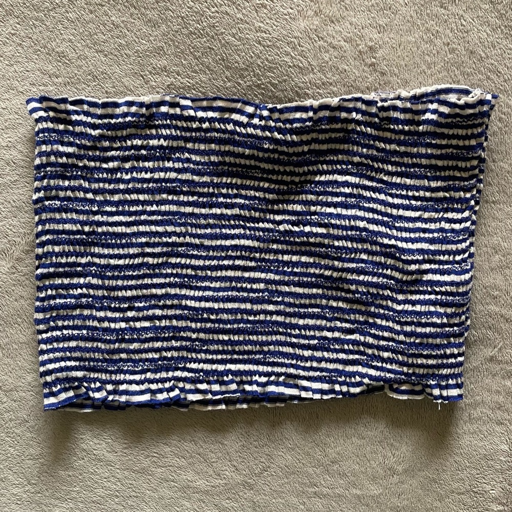 Blue and White Striped Bandeau Ruched Crop Top